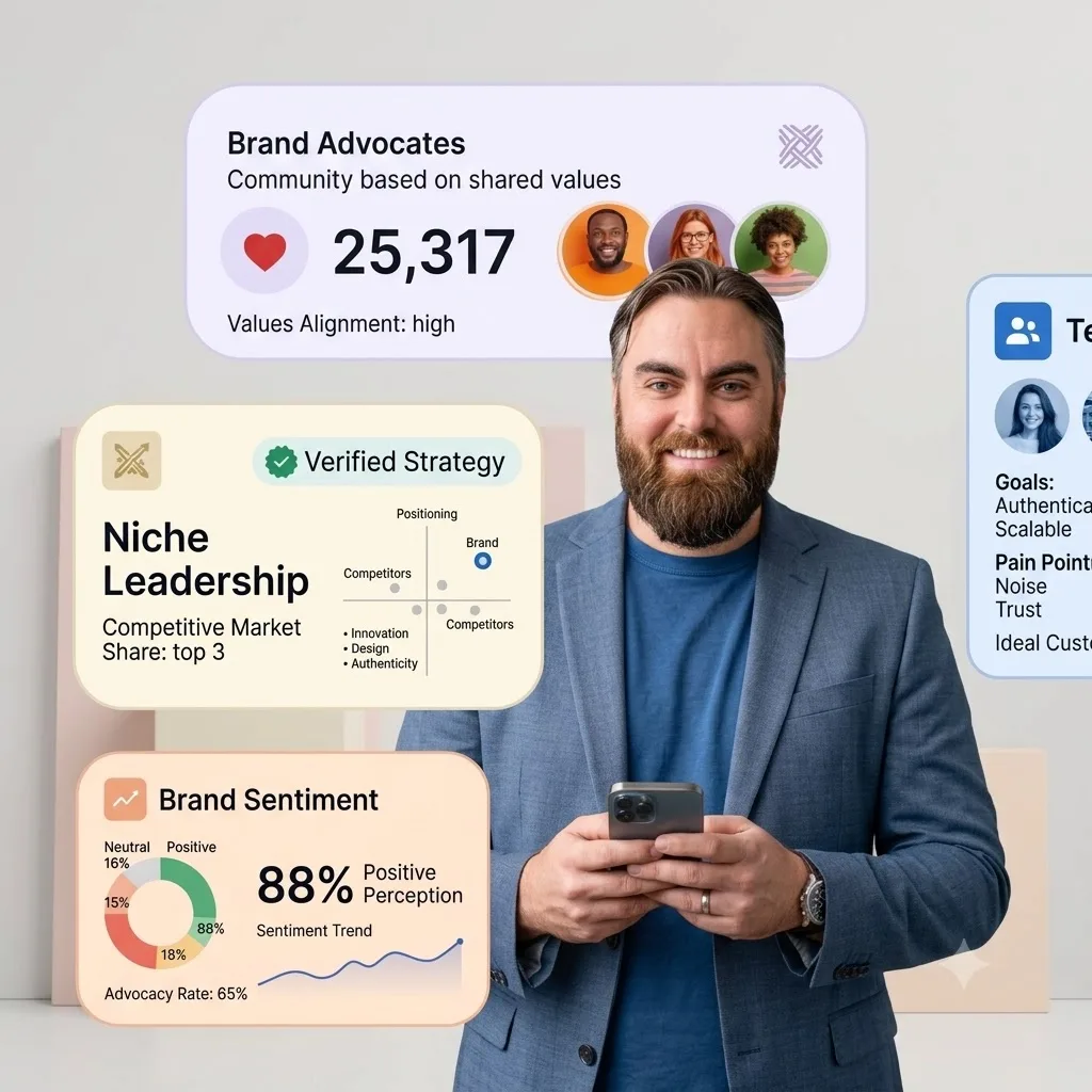 Brand strategy dashboard showing brand advocates, niche leadership positioning, and brand sentiment scores